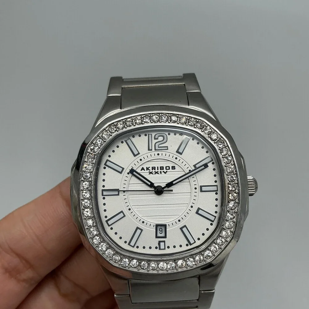 Akribos XXIV AK550SS7 Mens Watch 41mm Silver Tone Crystals Steel New Battery 6